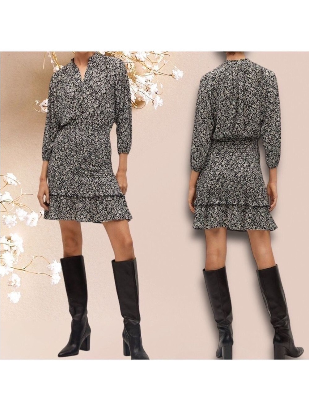 Mango Black Floral Mini Dress with Ruffle Hem